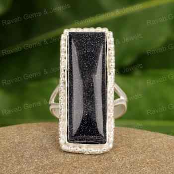 Handmade 10x20mm Blue Sunstone Cocktail Ring Solid 925 Sterling Silver in Rectangle Shape Superb Quality Wholesale Supply Women