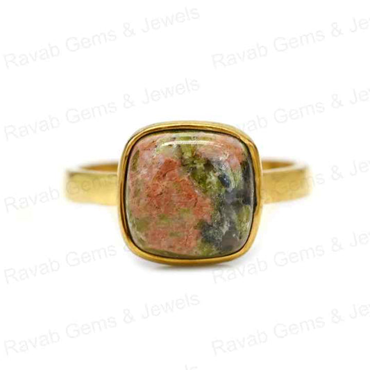 Hot Selling Solid 925 Sterling Silver Natural Unakite Cushion Shape 12mm Bezel Setting 18k Gold Filled Fine Ring for Women