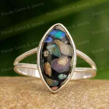 Hot Selling Genuine Black Opal Copper Solid 925 Sterling Silver Bezel Setting 7x15mm Marquise Shape Women Handmade Birthday Ring