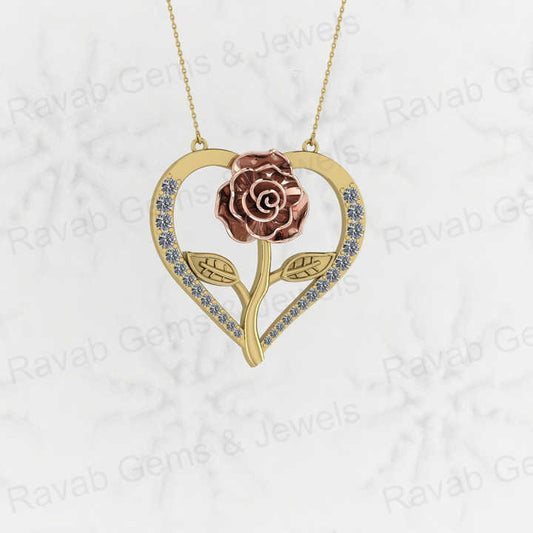Beautiful 925 Silver 30mm Rose Leaf Flower in Heart CZ Valentines Day Dainty Pendant Necklace Personalized Love Keepsake Jewelry