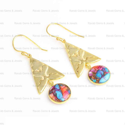 Natural Mix Spiny Oyster Copper Turquoise 10mm Gemstone 925 Sterling Silver 18k Gold Plated Round & Triangle Earrings for Women
