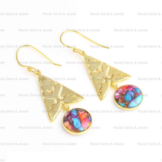 Natural Mix Spiny Oyster Copper Turquoise 10mm Gemstone 925 Sterling Silver 18k Gold Plated Round & Triangle Earrings for Women