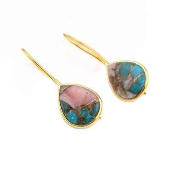 High Quality 12x16mm Mohave Pink Opal Bezel Earrings Copper Turquoise Gemstone 18K Gold Plated Sterling Silver Pear Drop Her