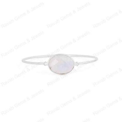 Genuine 925 Sterling Silver Natural Rainbow Moonstone Checker Cut 10x14mm Bezel Setting Front Open Lock Fine Bangle Bracelet