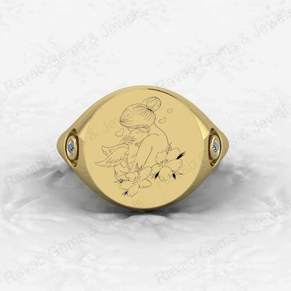 New Arrival Solid 925 Sterling Silver Engraved Style CZ Mother Holding Baby Signet Ring for Men's Fine Handmade Jewelry