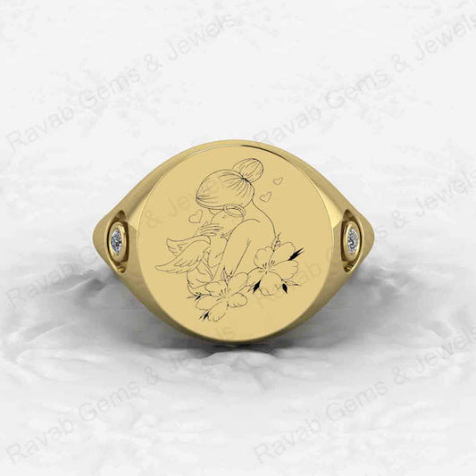 New Arrival Solid 925 Sterling Silver Engraved Style CZ Mother Holding Baby Signet Ring for Men's Fine Handmade Jewelry