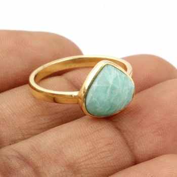 Natural Amazonite Gemstone Bezel Setting 925 Sterling Silver 18K Gold Plated 12mm Heart Shape Ring for Women