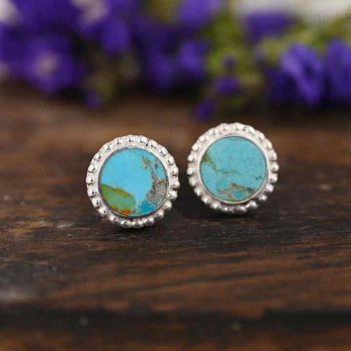 Top Selling 9mm Mohave Arizona Turquoise Gemstone Handmade 925 Silver Rhodium Plated Designer Boho Stud Earrings Navajo Jewelry