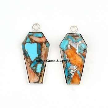 Top Quality Mohave Spiny Oyster Copper Turquoise 925 Silver 10x17mm Coffin Charm Pendant For Bracelet Necklace Fine Jewelry