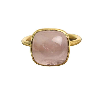 High Quality 18K Gold Plated Sterling Silver Simple Cushion Ring Women 12mm Natural Pink Rose Quartz Stone Elegant 18K Gold Ring
