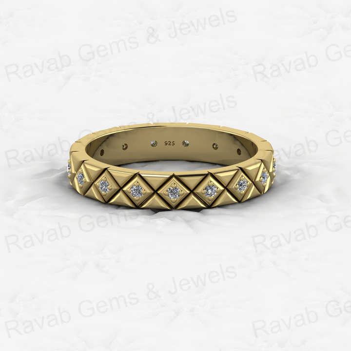 Best Selling 925 Sterling Silver Square Checker Patterned Vermeil Round Cut Brilliant Eternity Band Ring for Fine CZ Jewelry