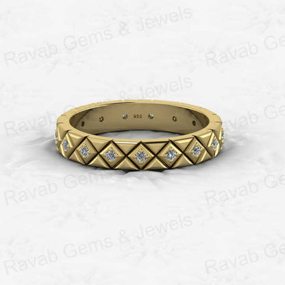 Best Selling 925 Sterling Silver Square Checker Patterned Vermeil Round Cut Brilliant Eternity Band Ring for Fine CZ Jewelry