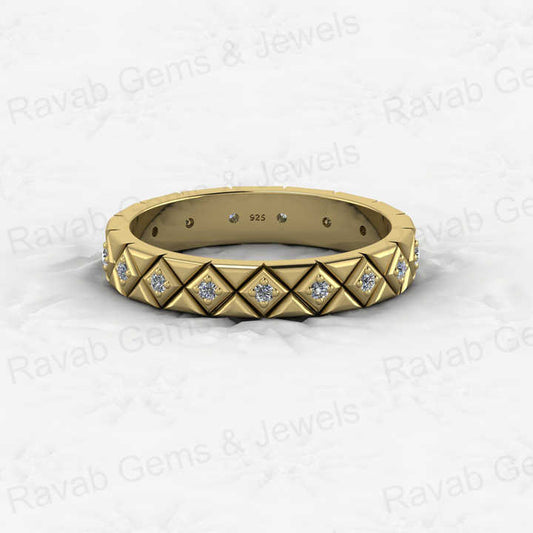 Best Selling 925 Sterling Silver Square Checker Patterned Vermeil Round Cut Brilliant Eternity Band Ring for Fine CZ Jewelry