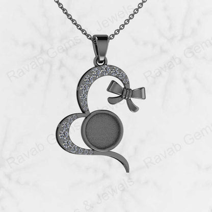 Top Quality 925 Sterling Silver Half Heart With Bow Charm Semi Mount Blank Setting Pendant Good for Ashes & Resin Work Keepsake
