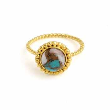 Best Selling 8mm Pink Opal Copper Turquoise Gemstone Bezel 18k Gold Plated Sterling Silver Twist Rope Band Designer Ring for Her