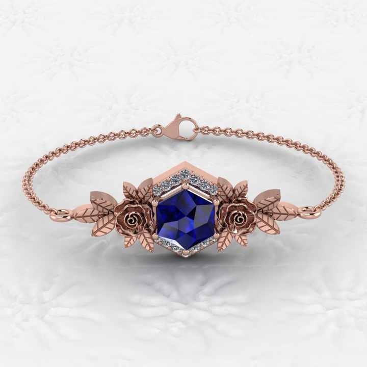 8mm Sapphire Quartz Hexagon Prong Setting Floral Minimalist Bracelet for Women Beautiful Real 925 Fine Chain Link Bracelets