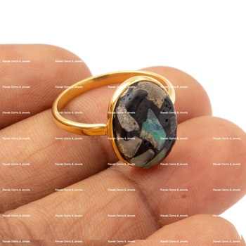 Impressive Dainty Simple 10x14mm Oval Natural Black Ethiopian Opal Copper Gemstone Gold Plated Sterling Silver Ring for Women