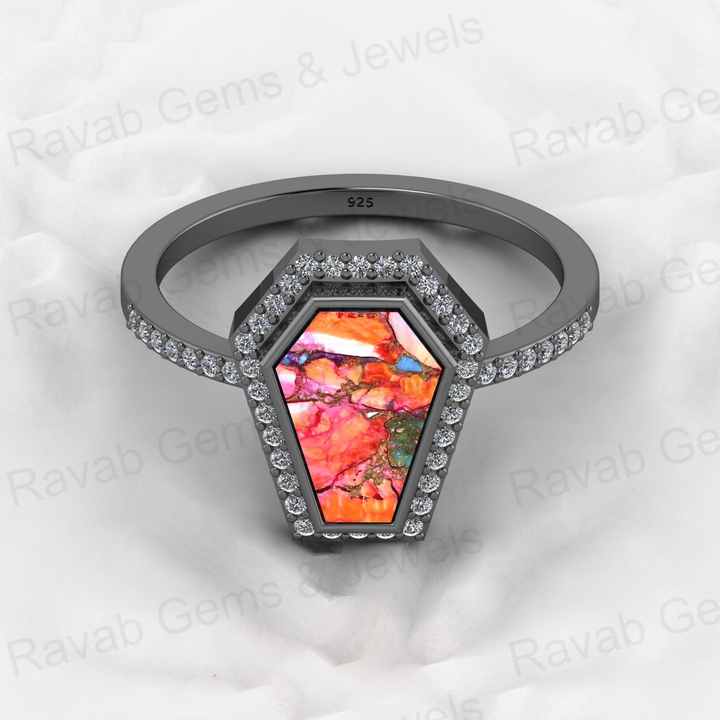 Top Selling Genuine 925 Silver Mix Oyster Copper Mohave Turquoise Gemstone Bezel Sating Coffin Designer Ring for Women Jewelry