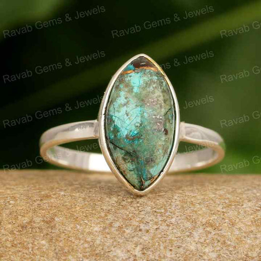 Designer Genuine Chrysocolla Copper Turquoise Terrific 8x16mm Marquise Shape 925 Sterling Silver Fine Dainty Ring for Women