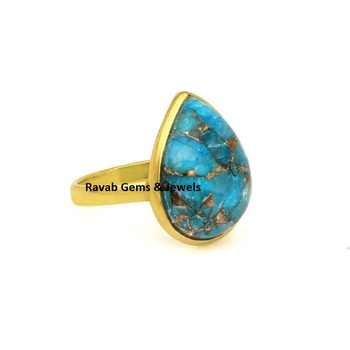 10x14mm Pear Mohave Blue Copper Turquoise Gemstone 18k Gold Plated 925 Sterling Silver Ring Women High Quality Fine Jewelry
