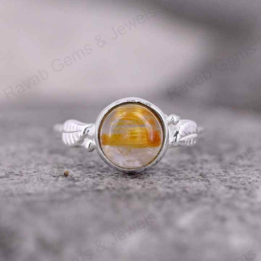 Top Quality Solid 925 Sterling Silver Golden Rutile 10MM Round Cab Gemstone Handmade Ring Fine Wholesale Jewelry Manufactures