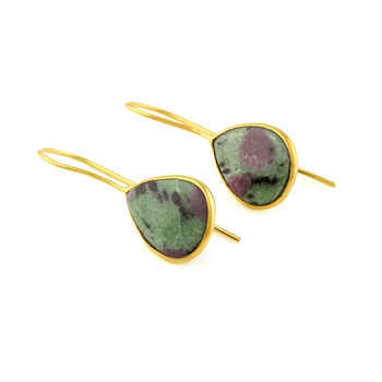 Top Quality Handmade 925 Sterling Silver Dangle Earrings 18K Gold Plated Lovely Ruby Zoisite Natural Gemstone Teardrop Design"