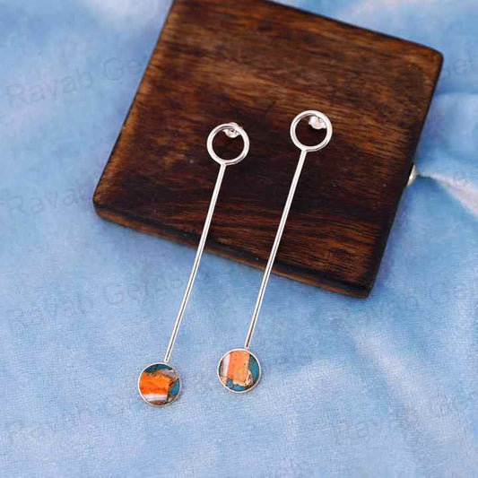 Beautiful Handmade 925 Silver 10mm Coin Mohave Spiny Oyster Copper Turquoise Stone Long Dangle Fine Jewelry Earrings for Women