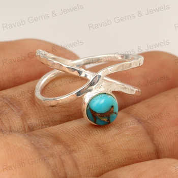 Superb Quality 8mm Solid 925 Sterling Silver Women's Ring Hammered Design Natural Blue Copper Turquoise Double Wedding Party