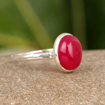 Top Selling 10x14mm Pink Fuchsia Chalcedony Gemstone Solid 925 Sterling Silver Handmade Fine Oval Shape Ring Rhodium for Parties