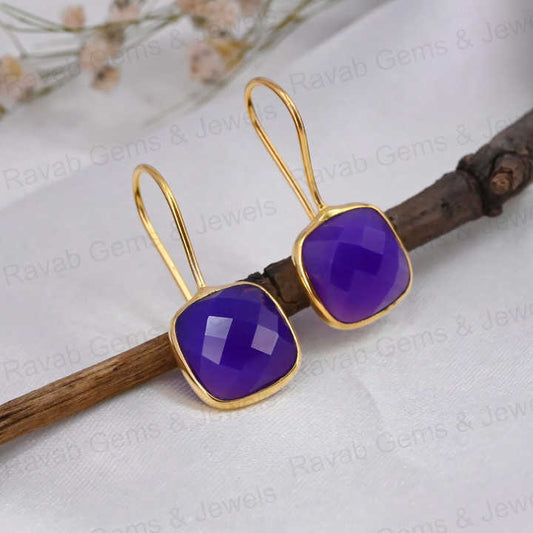 Beautiful Handmade 12mm Cushion Checker Cut Purple Chalcedony Stone 925 Silver 18k Gold Dangle Drop Women Earring Fine Jewelry