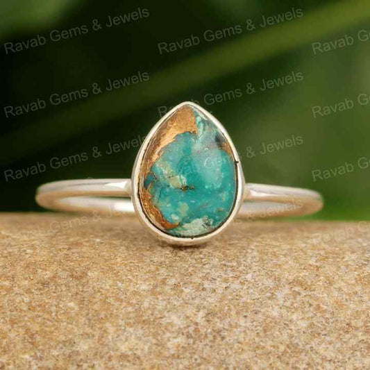 Best Selling 10x14mm Pear Shape Genuine Blue Copper Turquoise Handcrafted 925 Sterling Silver Fine Women's Birthday Gift Ring