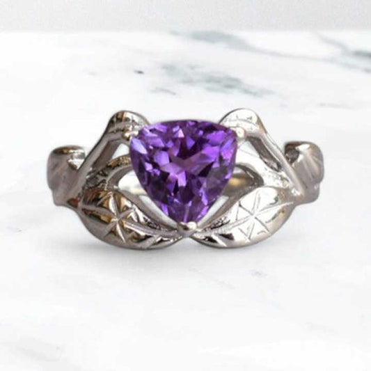 Best Quality Solid 925 Sterling Silver Natural Purple Amethyst 10mm Trillion Cut Leaf Design Ring for Women Handmade Jewelry