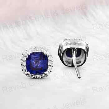 Solid 925 Sterling Silver Dark Blue Sapphire Hydro 10mm Cushion Cut Stud Earrings New Design Handmade Jewelry for Women