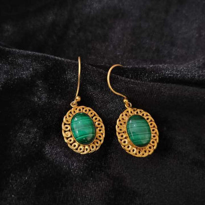 Top Quality Genuine Green Malachite 10x14mm Oval Shape Bezel Setting Solid 925 Sterling Silver 14k Gold Plated Dangle Earring