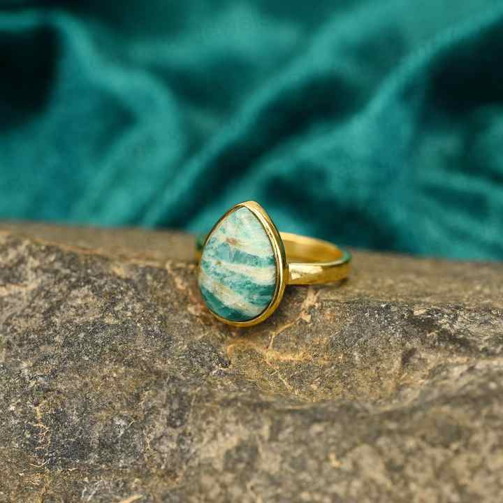 Top Quality Solid 925 Sterling Silver Natural Amazonite Smooth Cabochon 10x14mm Bezel Setting 18k Gold Filled Ring for Women