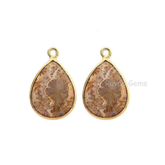 Solid 925 Sterling Silver 18K Gold Plated Agatized Coral Pendant Pear Drop Dangle Bezel Setting Fine Pendants Charms 12x16mm