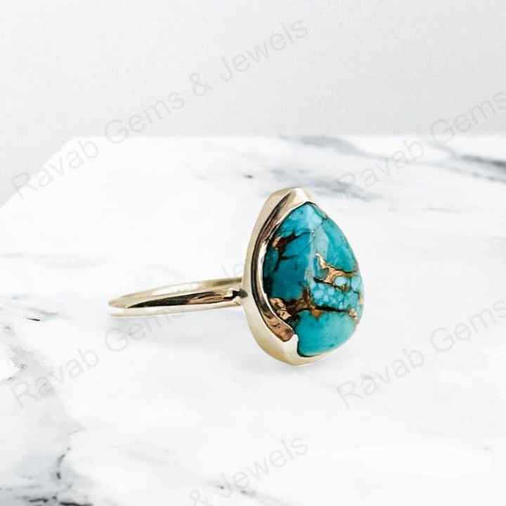 Top Quality Solid 925 Sterling Silver Natural Blue Copper Turquoise Pear 10x14mm Gemstone Bezel Setting Ring for Women Jewelry