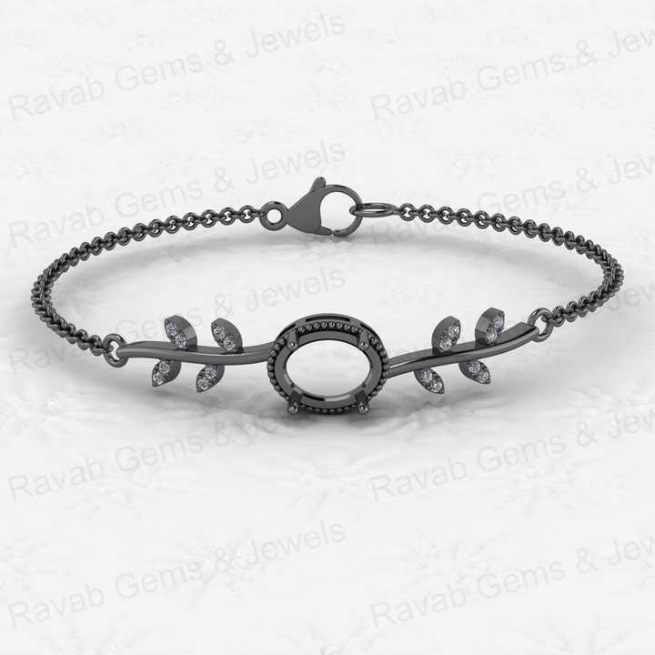 High Quality 925 Silver Semi Mount Bracelet 8x10mm Oval CZ Stone Base With Leaf Design Keepsake Jewelry Blank Setting