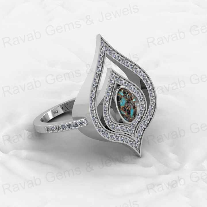 Top Selling Genuine 925 Sterling Silver Blue & Black Copper Turquoise oval 6x8mm Gemstone Bezel Setting CZ Crown Ring For Custom Jewelry