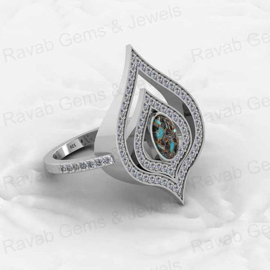Top Selling Genuine 925 Sterling Silver Blue & Black Copper Turquoise oval 6x8mm Gemstone Bezel Setting CZ Crown Ring For Custom Jewelry