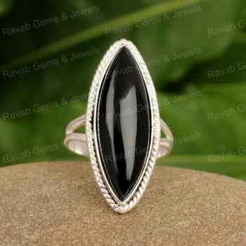 Fine Quality Genuine Black Onyx Marquise Shape Solid 925 Sterling Silver Bezel Setting Designer Women Handmade Cocktail Ring