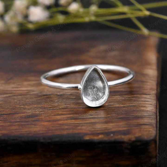 Genuine 925 Sterling Silver 7x9mm Pear Bezel Setting Simple Band Minimalist Ring Good For Resin & Ashes Work Keepsake Jewelry