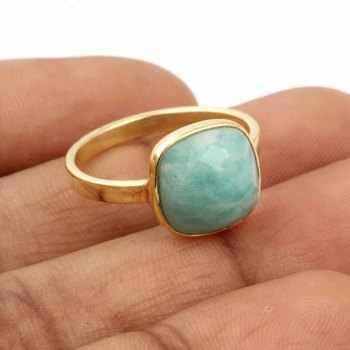 12mm Natural Amazonite Stone Cushion Ring 18K Gold Plated Lovely Minimalist Design Women's Pearl Bezel Jewelry-Perfect Gift for