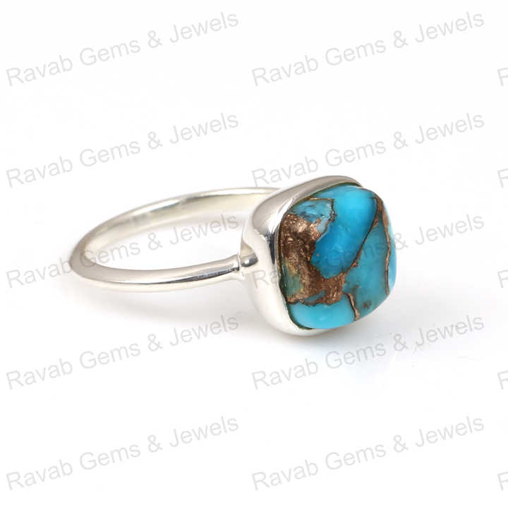 Best Quality 925 Sterling Silver Women's Ring Handmade Natural Blue Copper Turquoise Cushion Shape 12mm Solid Bezel Setting Fine