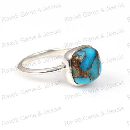 Best Quality 925 Sterling Silver Women's Ring Handmade Natural Blue Copper Turquoise Cushion Shape 12mm Solid Bezel Setting Fine