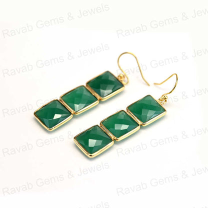 Best Quality Solid 925 Sterling Silver 10mm Natural Green Onyx Square Checker Cut 18k Gold Plated Dangle Drop Earring for Women