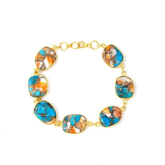 Beautiful Natural Mohave Spiny Oyster Copper Turquoise Sterling Silver Gold Plated Chain Adjustable Uneven Bracelet for Women