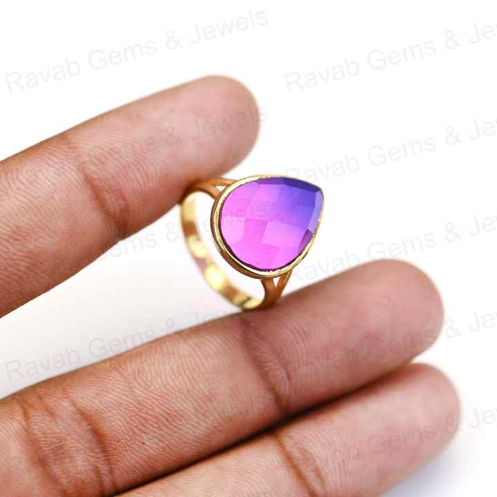 Hot Selling Solid 925 Sterling Silver Bio Color Purple Tourmaline Pear Checker Cut Bezel Setting Ring for Women's Fine Jewelry