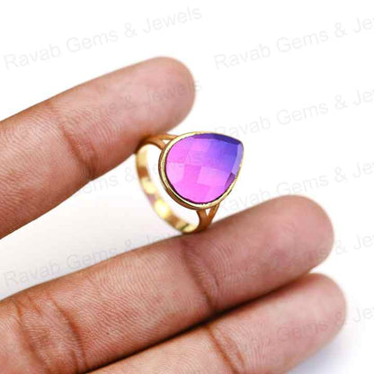 Hot Selling Solid 925 Sterling Silver Bio Color Purple Tourmaline Pear Checker Cut Bezel Setting Ring for Women's Fine Jewelry