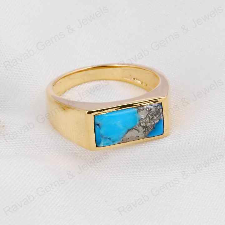 Best Selling 7x14mm Natural Pyrite Turquoise Gemstone Handmade 925 Silver Rectangle Vermeil Eternity Ring Fine Jewelry For Men's